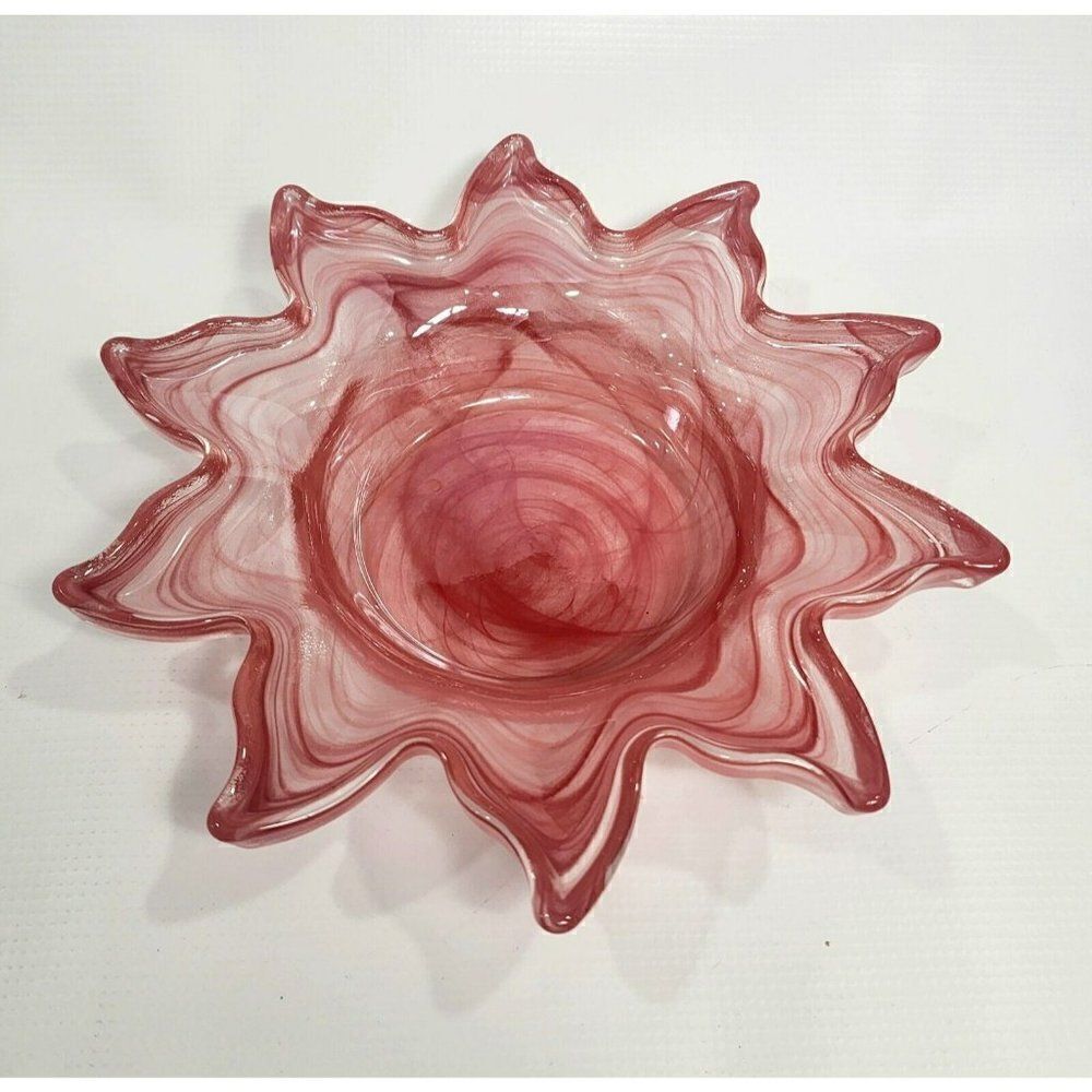 Murano Blown Art Glass‎ 9.5" Red Swirl Dish 1960s Thick Heavy Dish